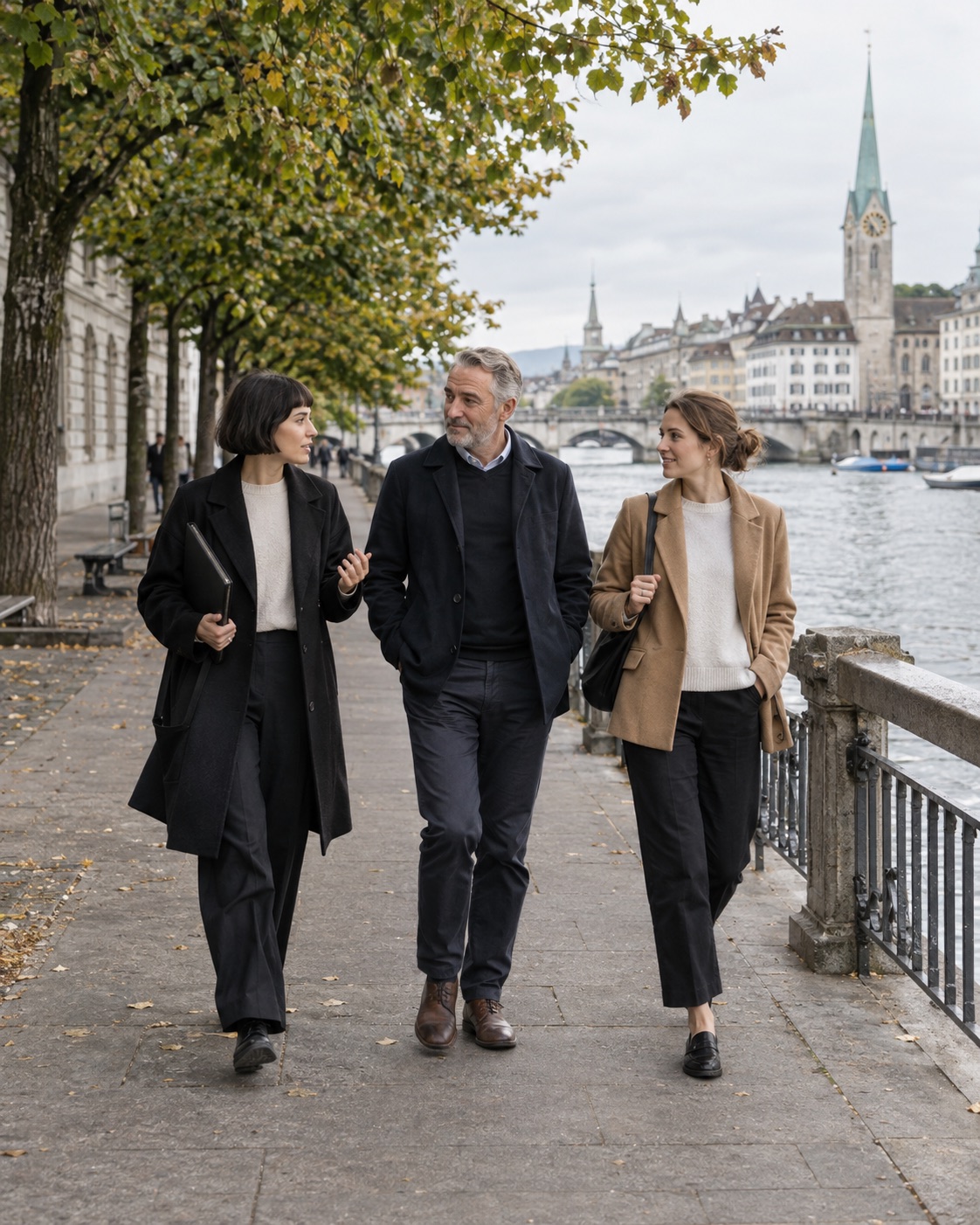 Three business partners discussing a project on a riverside walk.
