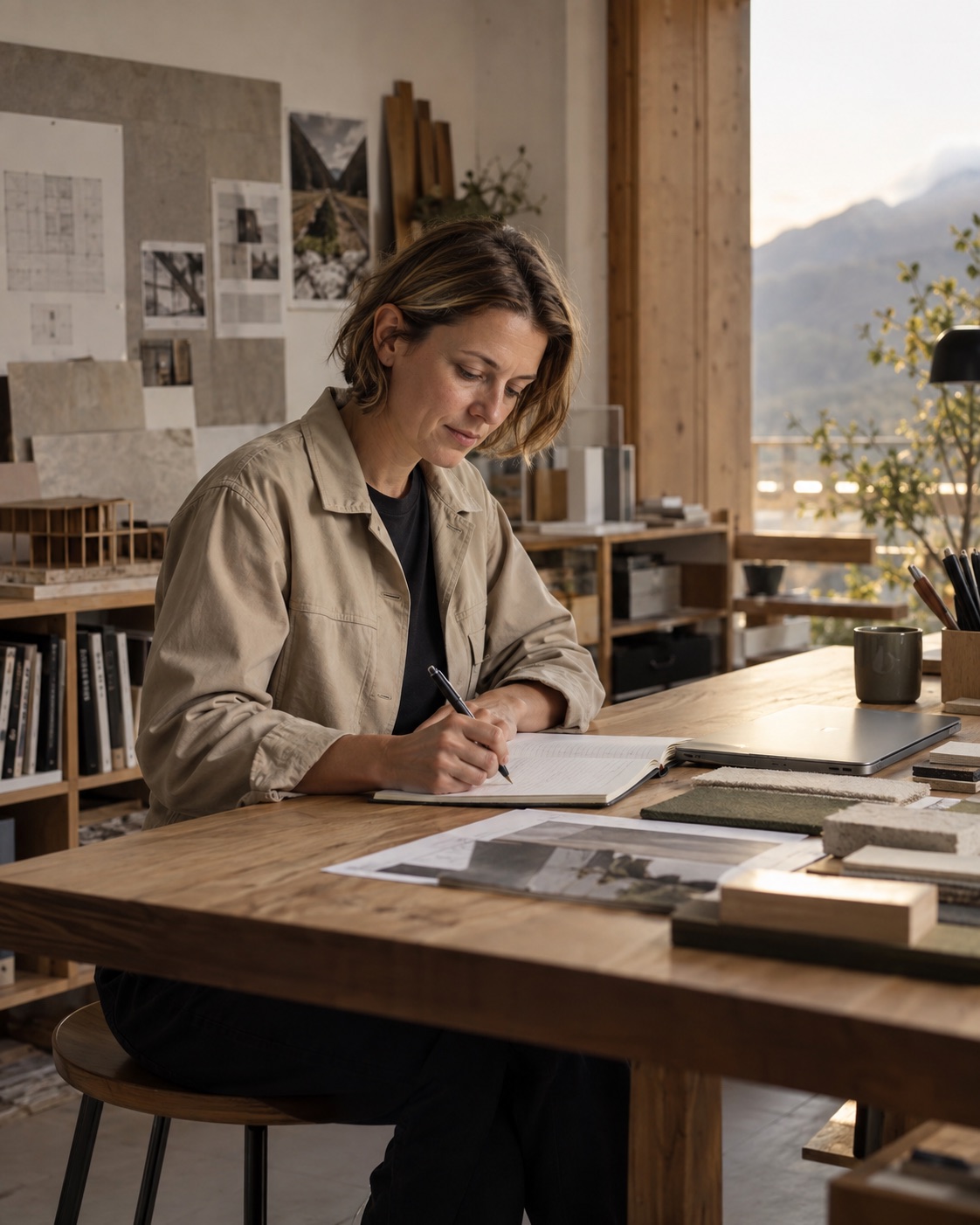 An architect recording her project hours at the end of the day.